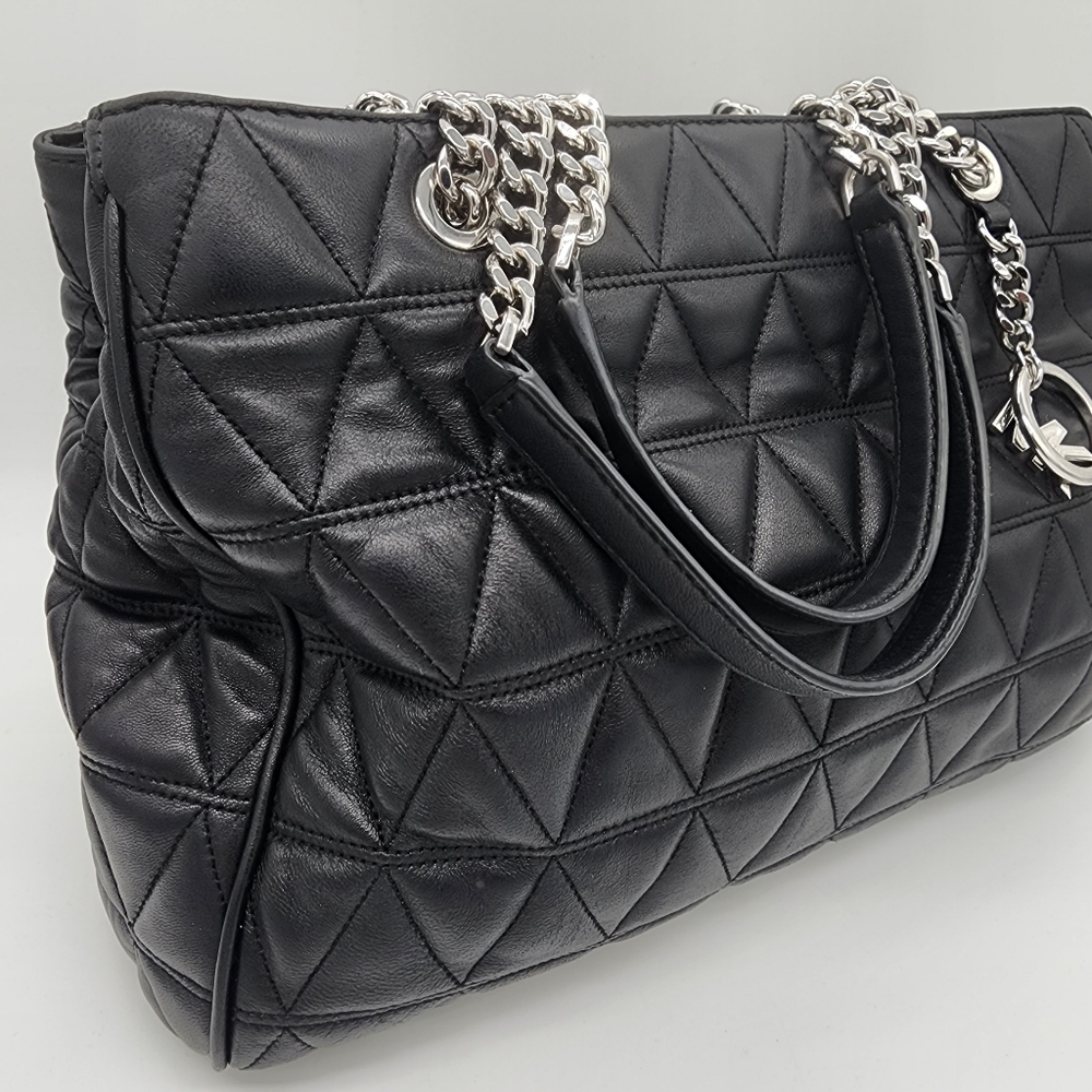 Michael Kors Black Quilted Leather Shoulder Tote with Silver Chain - Picture 14 of 16